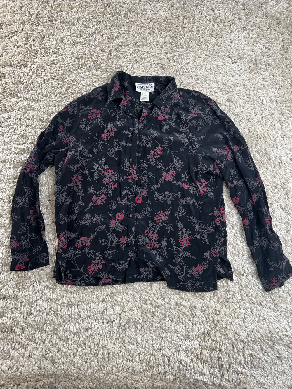 Pendleton Black Floral-Print Silk Lightweight Button-Up Shirt Jacket